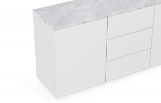 Buffet WHITY 2 blanc mat 180cm 2 portes/3 tiroirs Plateau en Marbre blanc